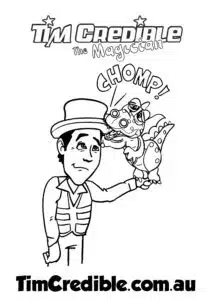 Douzie the Dragon Puppet Playfully Biting Tim Credible’s Hat – Colouring Page