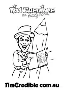 Kids Entertainer and magician Tim Credible Performing a Colouring Book Magic Trick – Colouring Sheet