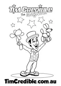 Kid's Entertainer Tim Credible Holding a Balloon Dog and Balloon Flower – Colouring Sheet