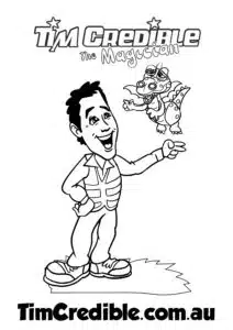 Melbourne Kids Entertainer - Tim Credible and Douzie the Dragon Entertaining Kids – Fun Colouring Page