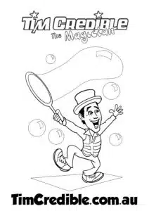 Bubble Artist Tim Credible Entertaining Kids with a Bubble Show – Colouring Sheet