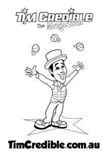 Melbourne Magician - Tim Credible Juggling Three Balls – Fun Colouring Page